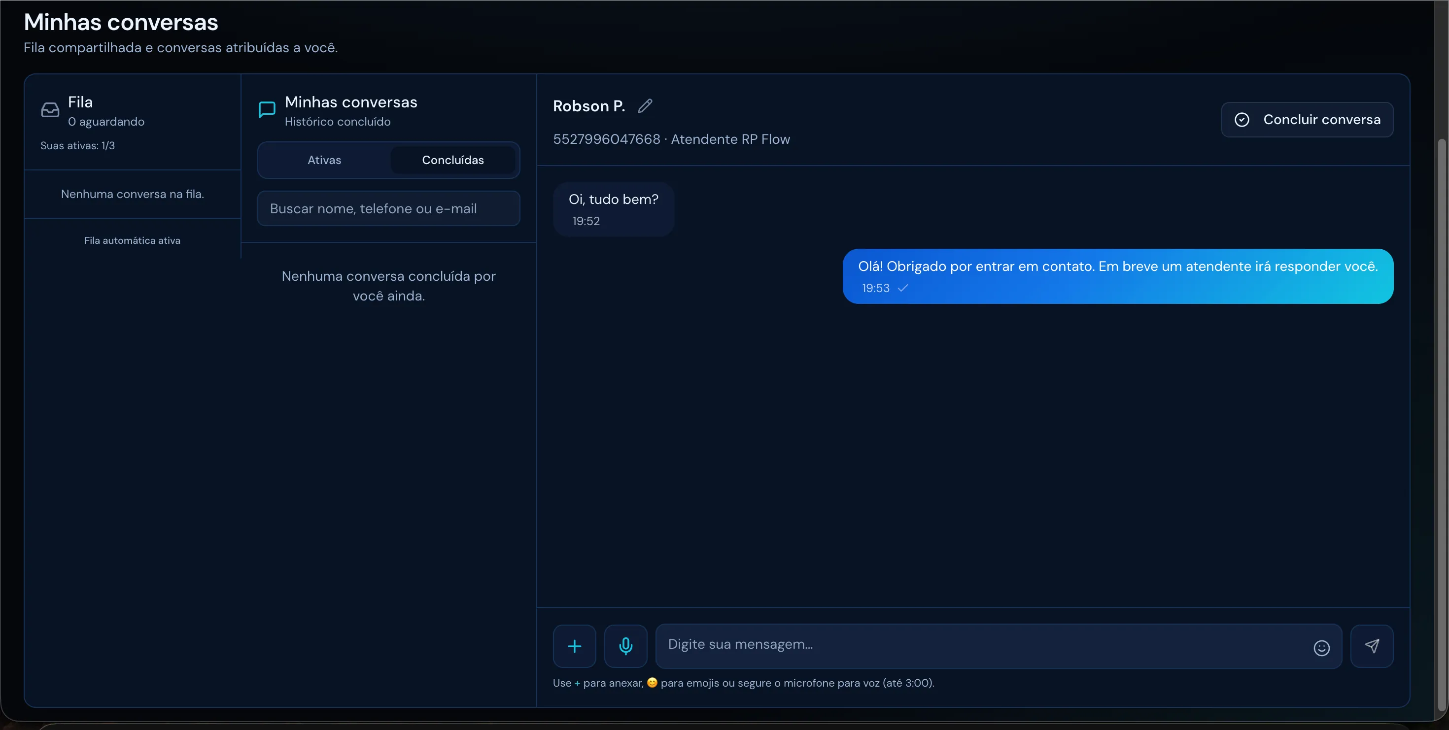 RPFlow agent interface with conversation list and chat