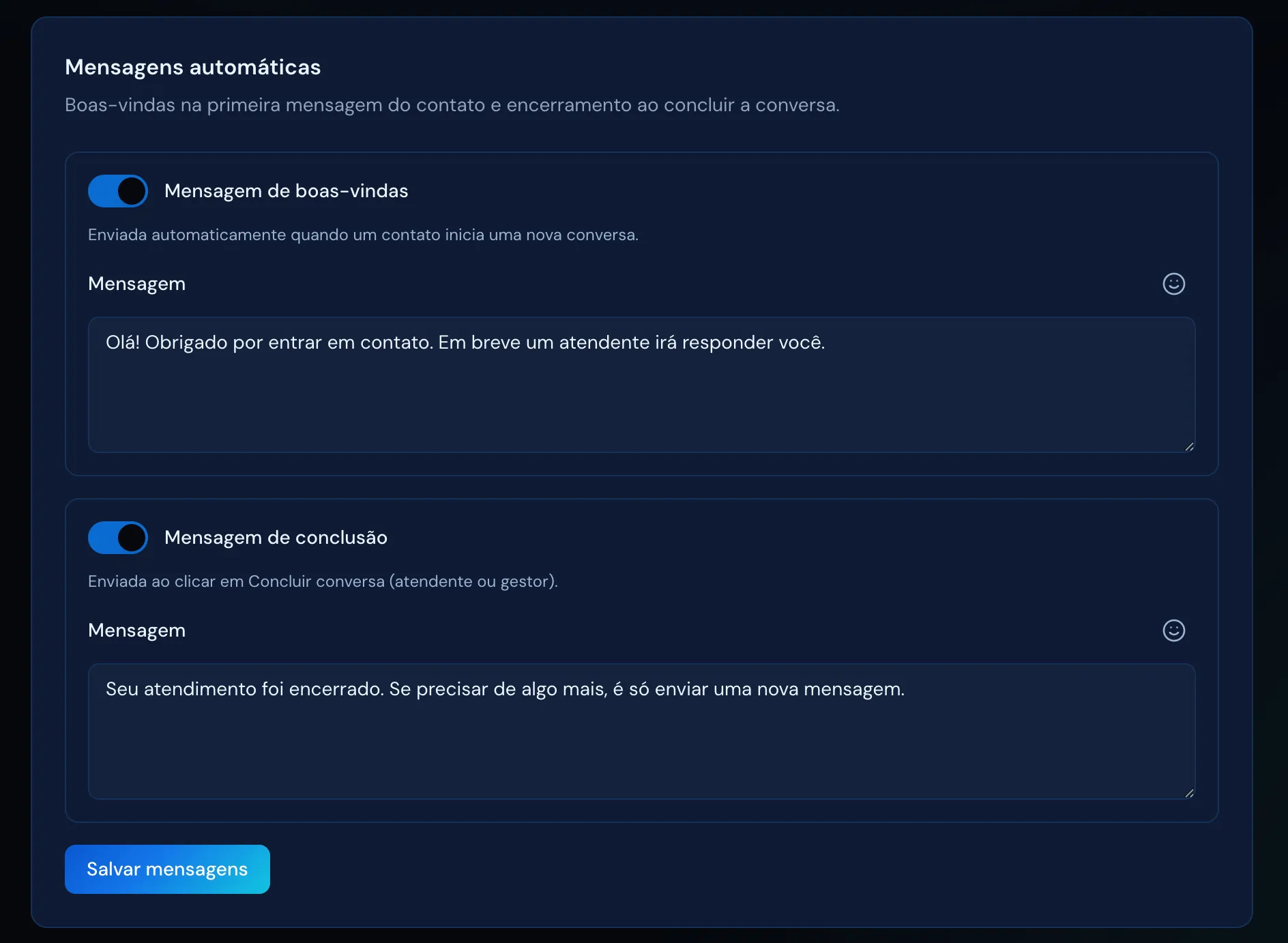 Automatic welcome and closing message configuration screen